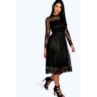 Lace High Neck Midi Dress - black