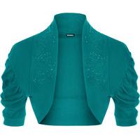 Ladies Ruched Shrug Womens Beaded Design Short Sleeve Bolero Cardigan Top 8-14 - Teal