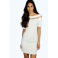 Lace Up Eyelet Off Shoulder Bodycon Dress - ivory