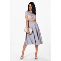Lace Crop & Full Midi Skirt Co-Ord Set - grey