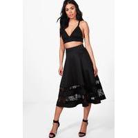 Lace Insert Full Midi Skirt - black