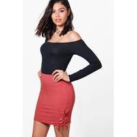 Lace Up Side Ribbed Mini Skirt - peach