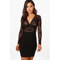 lace panelled long sleeve bodycon dress black