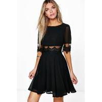 Lace & Mesh Insert Skater Dress - black