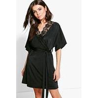Lace Trim Short Sleeved Wrap Dress - black