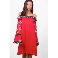 Layla Boutique Pom Pom & Embroidered Dress - red