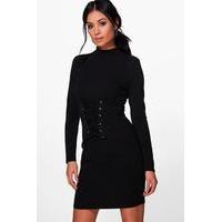 Lace Up Corset Rib Knit Dress - black