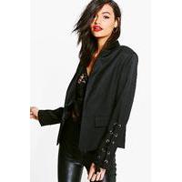 lace up sleeve woven lined blazer black