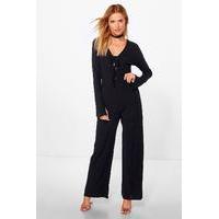 lace up extra long sleeve ribbed jumpsuit black