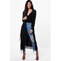 lace trim belted shawl collar duster black