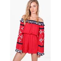 Laura Embroidered Tassel Playsuit - red