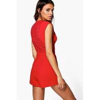 Lace Back Woven Playsuit - berry