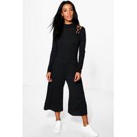 Lattice Cold Shoulder Knitted Jumpsuit - black