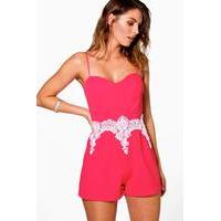 Lace Trim Strappy Playsuit - coral