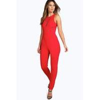 lace insert plunge neck jumpsuit red