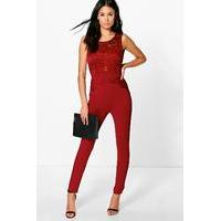 Lace Trim Jumpsuit - wine