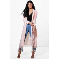 Lace Trim Belted Shawl Collar Duster - blush