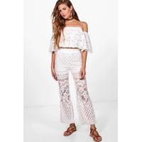 Lace Top & Cropped Flared Trousers - white