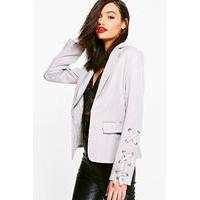 Lace Up Sleeve Woven Lined Blazer - silver