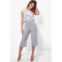 Lace Overlay Culottes Jumpsuit - grey