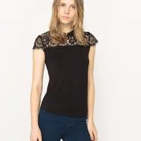 lace panel t shirt with small high neck