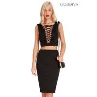 Lace Up Crop Top and Midi Skirt Set - Black