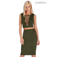 Lace Up Crop Top and Midi Skirt Set - Khaki