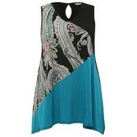 Ladies plus size sleeveless v neck colour block paisley print jersey top - Black