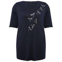 Ladies plus navy short sleeve dragonfly embellished v neck pull on jersey top - Navy