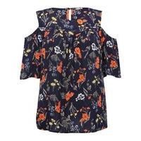 Ladies plus floral print pull on cold shoulder lightweight keyhole jersey top - Navy