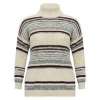 Ladies Plus size cotton blend long sleeve textured knit striped roll turtle polo neck jumper - Ivory