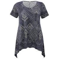 ladies plus size short sleeve dipped hanky hem tribal tile print tunic ...