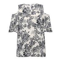 Ladies Plus size stretch jersey half sleeve tropical floral print cold shoulder top - Ivory