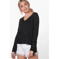 Lace Up Sleeve Knitted Top - black