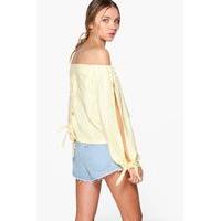 Lace Up Back Eyelet Bardot Top - lemon