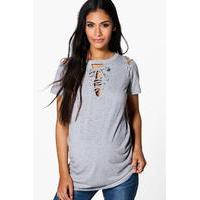 Laura Lace Up Neck & Shoulder Tee - grey