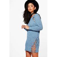 lace up side knitted tunic blue