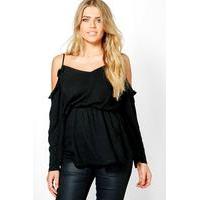 laura open shoulder frill detail blouse black