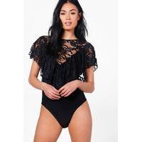 lace ruffle top bodysuit black