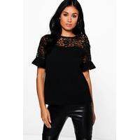 Lace Panel Frill Sleeve Top - black