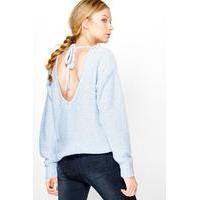 Lace Up Plunge Back Soft Knit Jumper - bluebell