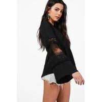 Lattice Front Bell Sleeve Top - black