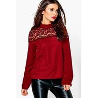 Lace Insert Long Sleeve Top - wine