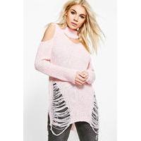 Laddered Cold Shoulder Jumper - pink