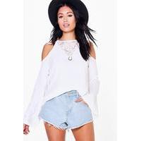 Lace Insert Cold Shoulder Top - white