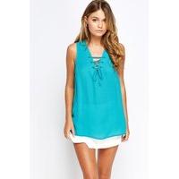 lace up neck turquoise top