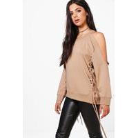 lace up cold shoulder sweatshirt sand