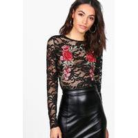 Lace Embroidered Long Sleeve Crop Top - black