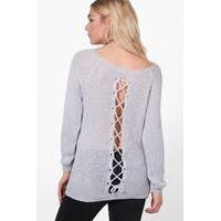 Lace Up Back Slouchy Jumper - grey
