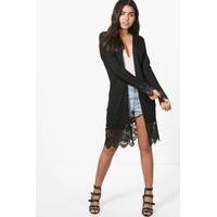 Lace Trim Fine Knit Maxi Kimono Cardigan - black